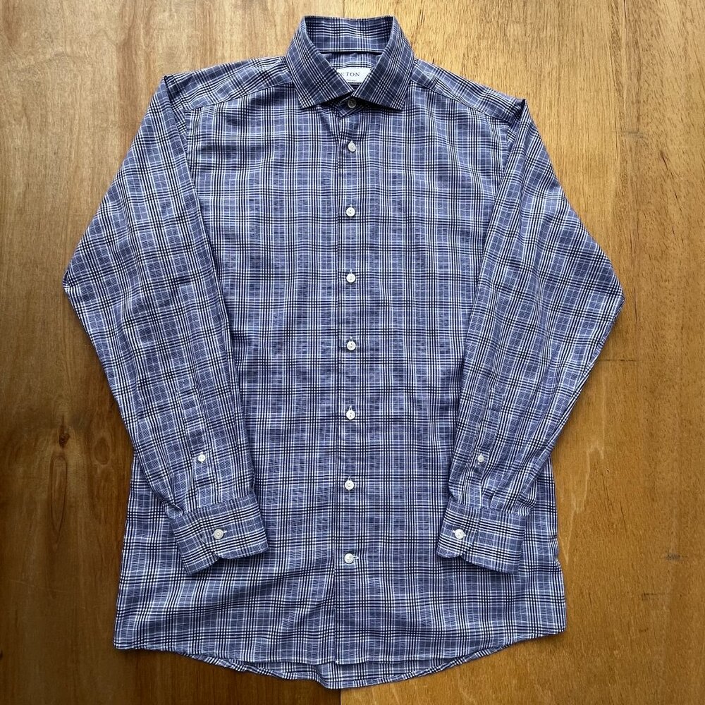 ETON LONG SLEEVE DRESS SHIRT MEN’S sz 41/ 16 Contemporary Navy Blue White Button